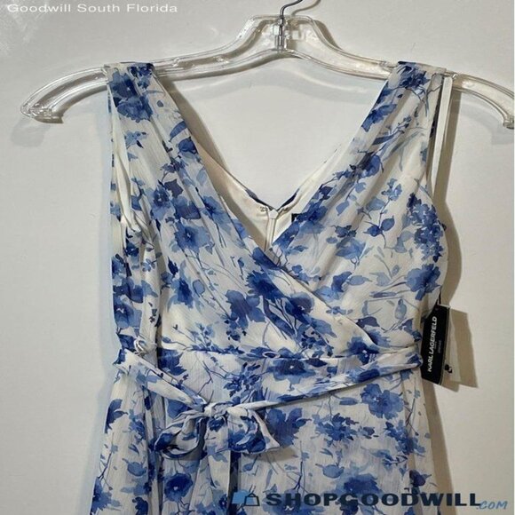 ✨ NWT Karl Lagerfeld Women's White Blue Floral V-Neck A-Line Dress Sz 2 - Picture 3 of 4